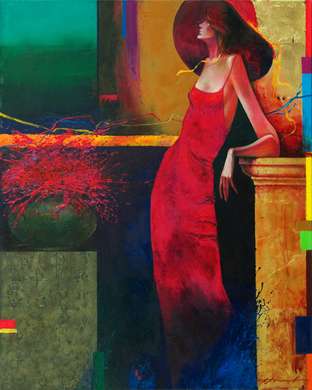 Постер - Девушка в красном платье, 30 x 45 см, Холст на подрамнике, Живопись