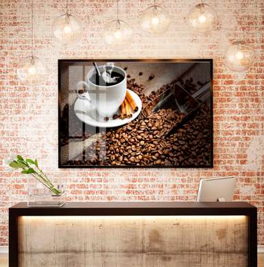 Poster - Coffee beans and a cup of hot coffee, 90 x 60 см, Framed poster on glass