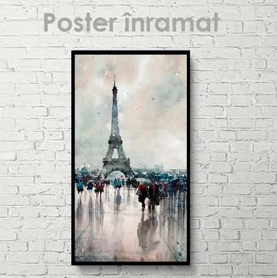 Poster - Eiffel Tower in watercolor, 45 x 90 см, Framed poster on glass, Maps and Cities