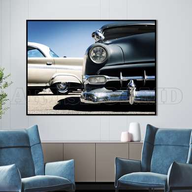 Poster - Blue and white car, 90 x 60 см, Framed poster on glass, Transport