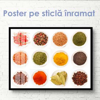 Постер - Плато разных специи, 90 x 60 см, Постер на Стекле в раме, Еда и Напитки