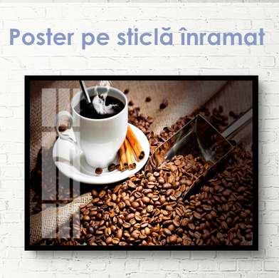 Постер - Кофейные зерна и чашка горячего кофе, 90 x 60 см, Постер на Стекле в раме