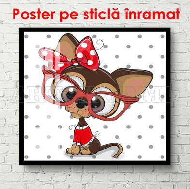 Постер - Собачка с красными очками, 100 x 100 см, Постер в раме, Для Детей