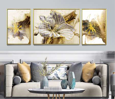 Постер - Серый цветок с золотыми элементами, 40 x 60 см-X2 60 x 90 см - X1, Постер на Стекле в раме, Наборы