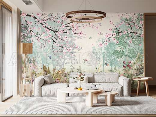 Wall mural - The spring forest with flowers and birds