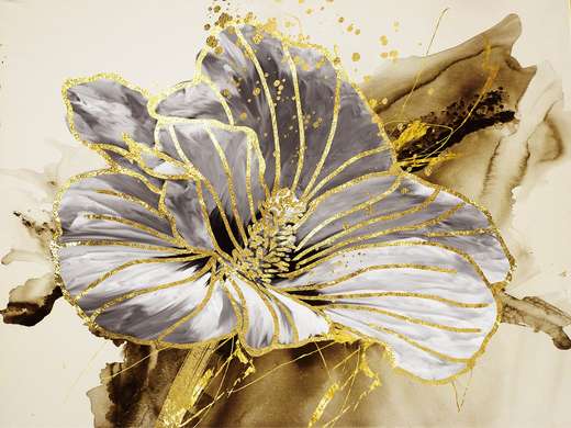 Постер - Серый цветок с золотыми элементами, 40 x 60 см-X2 60 x 90 см - X1, Холст на подрамнике