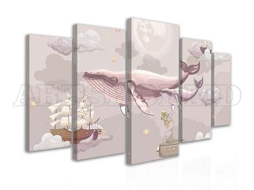Модульная картина, Морские киты и корабли в розовых тонах, 108 х 60