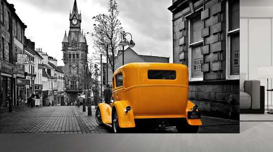 Fototapet - Mașină galbenă în oraș alb-negru