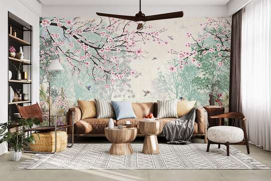 Wall mural - The spring forest with flowers and birds
