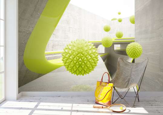3D Wallpaper - Green balls that defy gravity on the background of the tunnel
