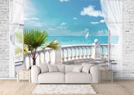 Фотообои - Белый балкон на фоне океана.