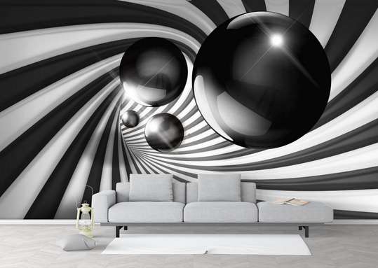3D Wallpaper - Gray ball and striped tunnel.