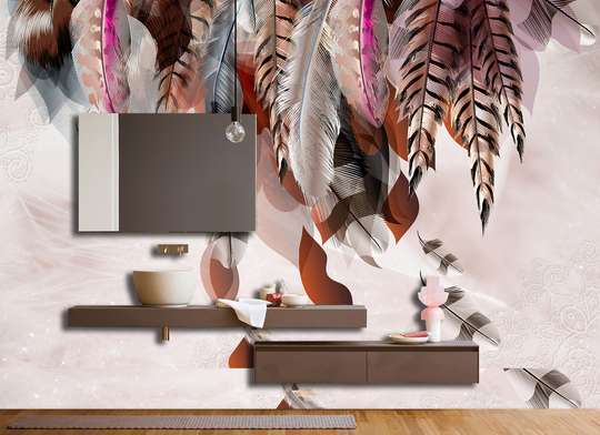 Wall Mural - Multicolored feathers on a pink background