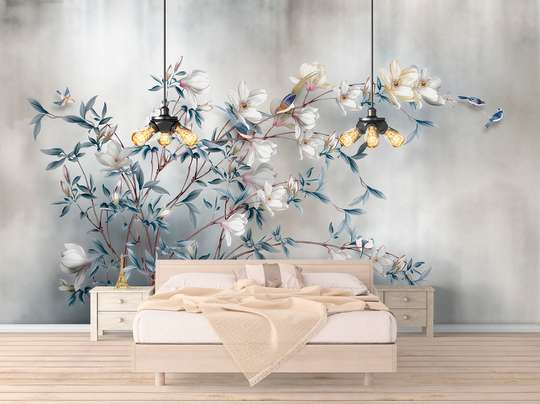 Wall Mural - White flowers on a branch and gray background