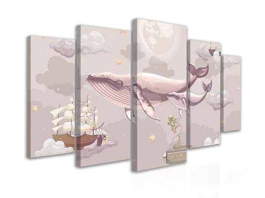 Modular picture, Sea whales and ships in pink colors, 108 х 60