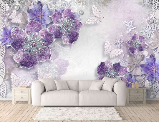 3D Wallpaper - Purple flowers from a brooch on a gray background