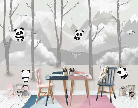 Wall mural for the nursery - Pandas on the background of mountains