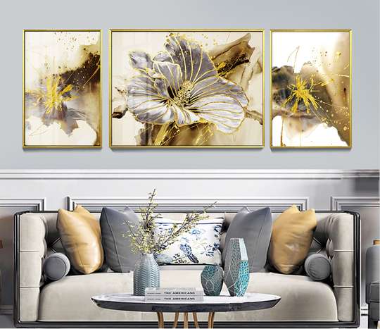 Постер - Серый цветок с золотыми элементами, 40 x 60 см-X2 60 x 90 см - X1, Холст на подрамнике, Наборы