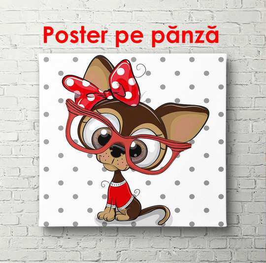 Poster - Câine cu ochelari roșii, 100 x 100 см, Poster înrămat, Pentru Copii