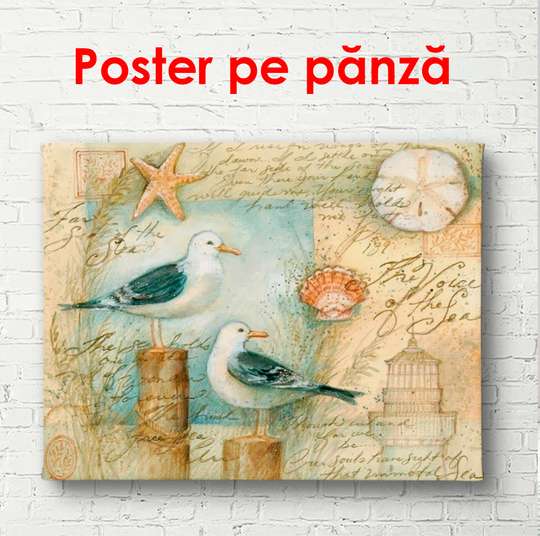 Постер - Чайки на фоне карты, 40 x 40 см, 90 x 60 см, Постер в раме