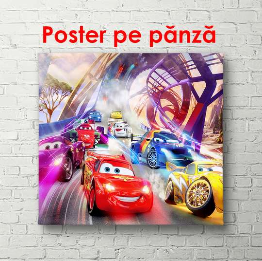 Poster - Mașini multicolore în lumini, 100 x 100 см, Poster înrămat, Pentru Copii