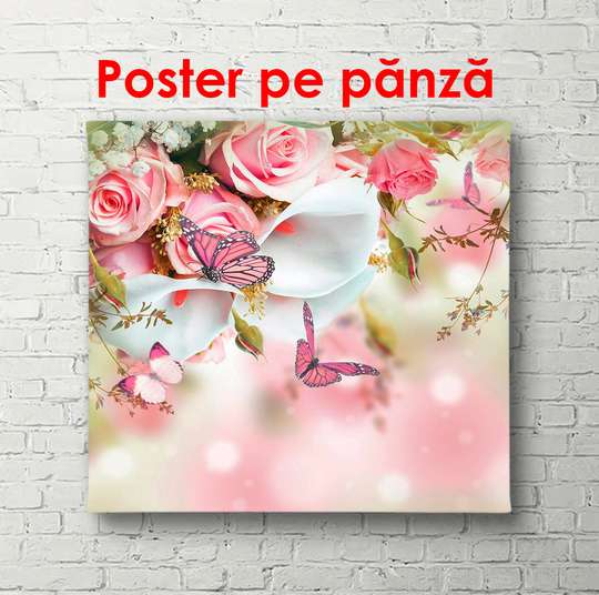Постер - Розовые розы с бабочками, 40 x 40 см, Постер в раме, Цветы