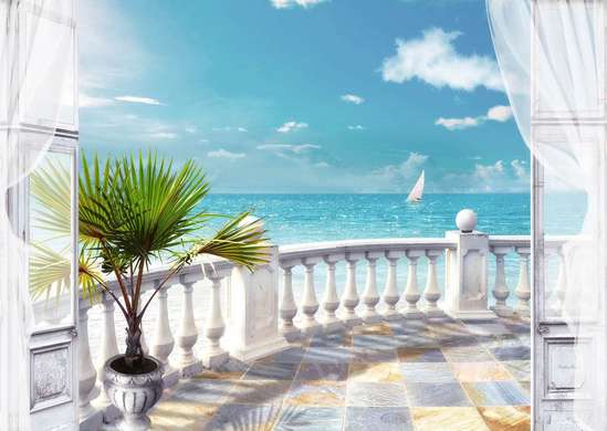 Фотообои - Белый балкон на фоне океана.