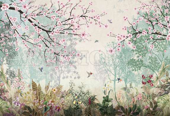 Wall mural - The spring forest with flowers and birds