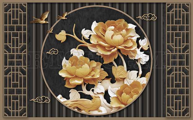 Modular picture, Golden flowers with butterflies, 108 х 60