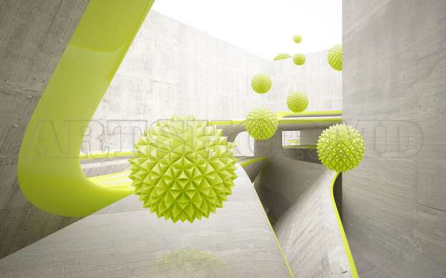 3D Wallpaper - Green balls that defy gravity on the background of the tunnel