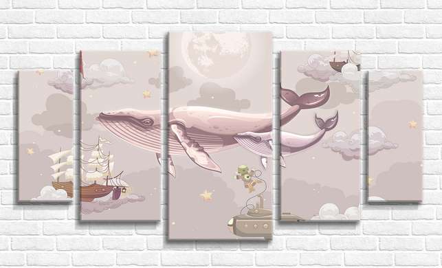 Modular picture, Sea whales and ships in pink colors, 108 х 60