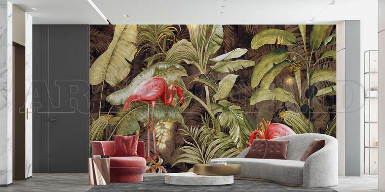 Wall mural - Pink flamingo on tropical background