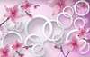 3D Wallpaper - Pink flowers and white circles.