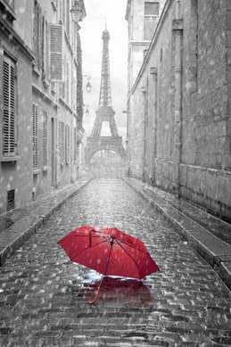 Poster - Red umbrella in black and white Paris, 45 x 90 см, Framed poster on glass, Black & White