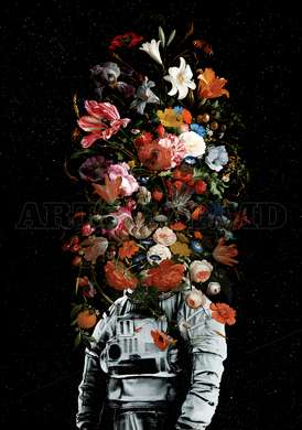 Poster - Cosmonaut with a bouquet of flowers, 60 x 90 см, Framed poster, Abstract