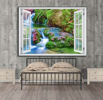 Wall Sticker - 3D window overlooking the charming cascade, Window imitation