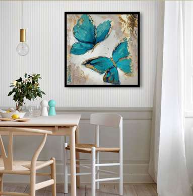 Poster - Painted blue butterflies, 100 x 100 см, Framed poster on glass, Provence