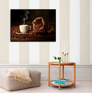 Poster - Cup of coffee with a bag of coffee on the table, 90 x 60 см, Framed poster on glass, Food and Drinks
