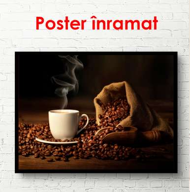 Poster - Cup of coffee with a bag of coffee on the table, 90 x 60 см, Framed poster on glass, Food and Drinks