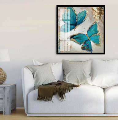Poster - Painted blue butterflies, 100 x 100 см, Framed poster on glass, Provence