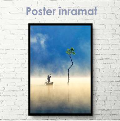 Poster - A man is sailing on a boat, 45 x 90 см, Framed poster on glass, Nature