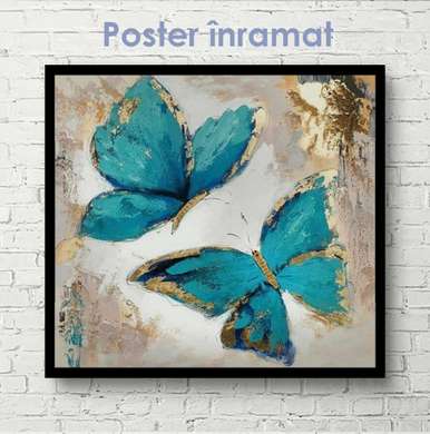 Постер - Нарисованные синие бабочки, 40 x 40 см, Холст на подрамнике