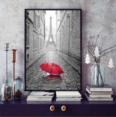 Poster - Red umbrella in black and white Paris, 45 x 90 см, Framed poster, Black & White