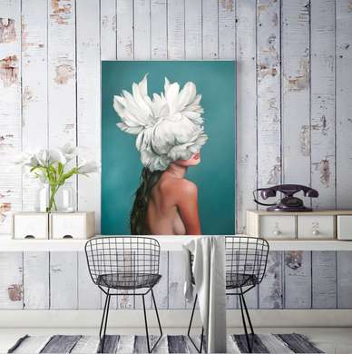 Poster - Fată - cu o floare albă, 30 x 45 см, Panza pe cadru, Nude