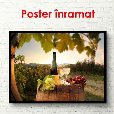 Poster - A bottle of wine with cheese on barrels against the background of the park, 90 x 60 см, Framed poster, Food and Drinks