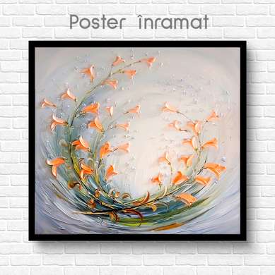 Poster - Flori portocalii pe fond gri, 100 x 100 см, Poster inramat pe sticla