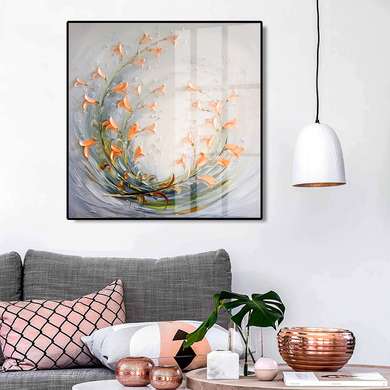 Постер - Оранжевые цветы на сером фоне, 100 x 100 см, Постер на Стекле в раме, Цветы