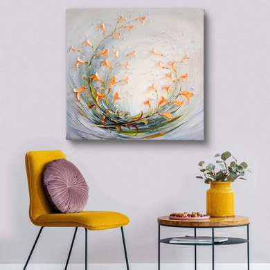 Poster - Orange flowers on a gray background, 100 x 100 см, Framed poster on glass