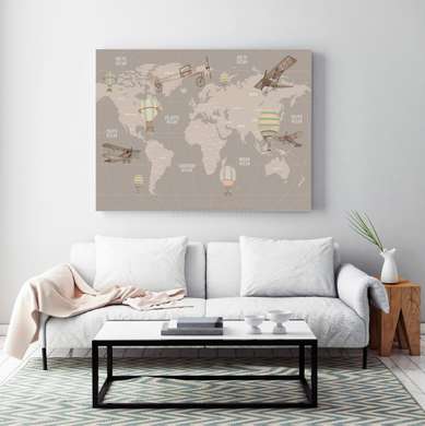 Poster - Harta lumii cu avioane și baloane cu aer, 90 x 60 см, Poster inramat pe sticla, Orașe și Hărți