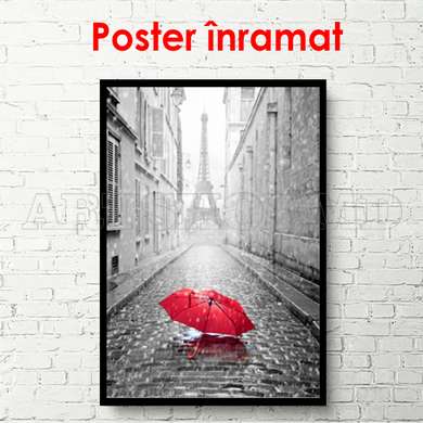 Постер - Красный зонт в черно белом Париже, 45 x 90 см, Постер в раме, Черно Белые